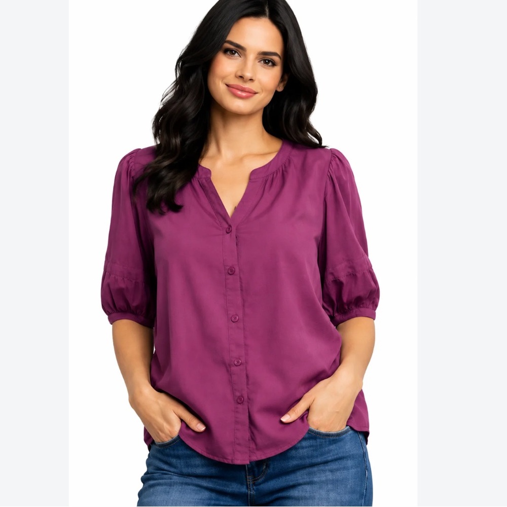 beachlunchlounge Plum Button-Front Puff Sleeve Cotton Top XXL